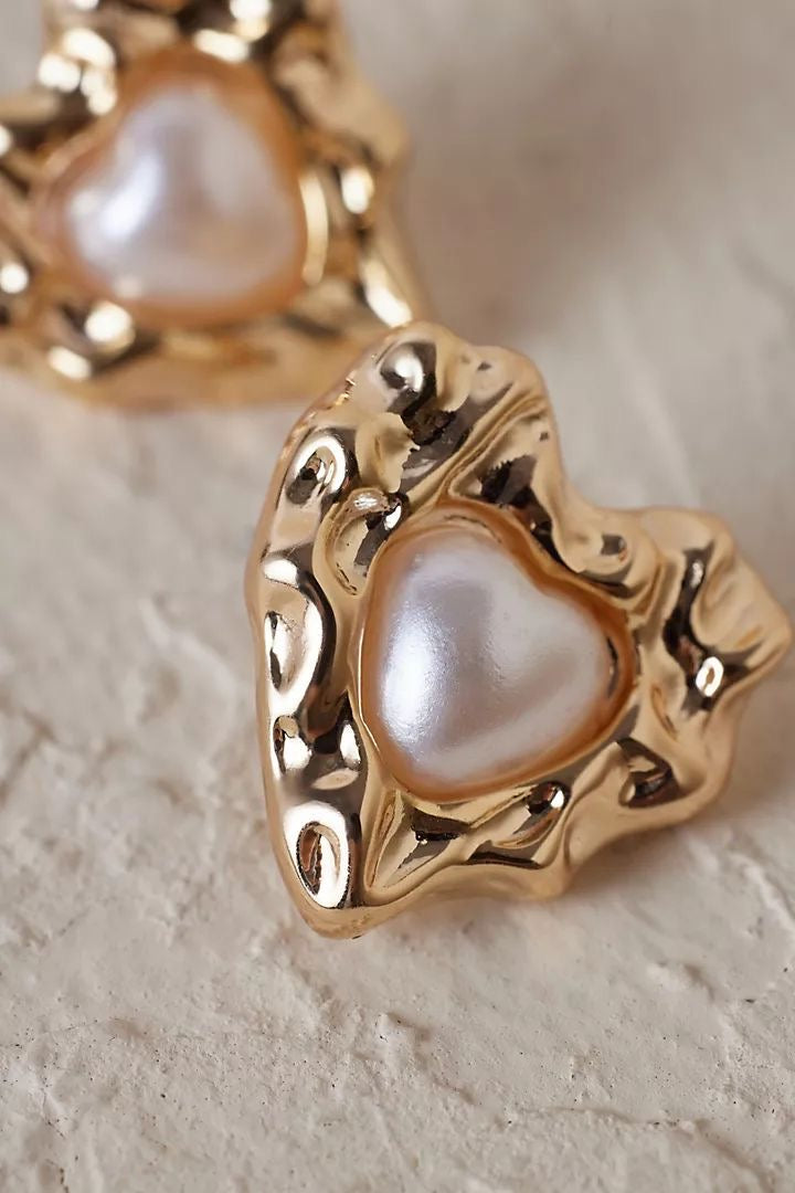 “Golden Pearl Heart Earrings”